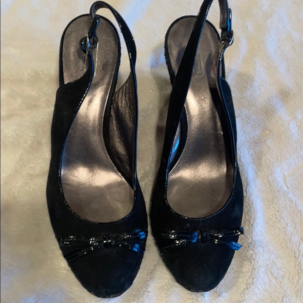 Coach suede and patent leather wedge